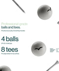 Professional-grade balls and tees included in Pro Golf Practice Net 10 By 7 Feet Heavy Duty Hitting Net, 4 balls and 8 tees detail.