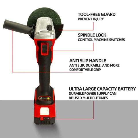 Front view of Beast Brushless Cordless Angle Grinder with 21V battery and fast charger, featuring tool-free guard and spindle lock