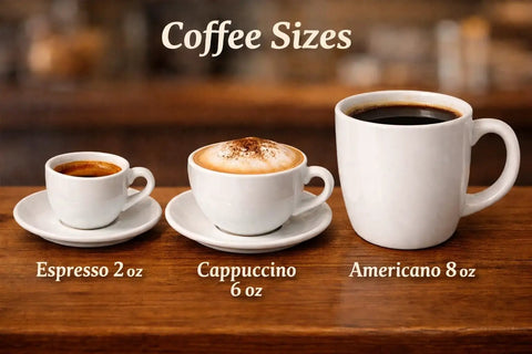 Image showing three coffee cups: 2 oz espresso, 6 oz cappuccino, and 8 oz Americano cups on a wooden table with labels.