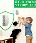 Heavy Duty Home Security Door Lock With Non Spring Flip Design For Easy Access Beefed Up Kick Proof Construction And Withstands 1200 Lbs Of Force Childproof Door Reinforcement For Inward Swinging Doors Silver 1 Pack with child and dog near a door.