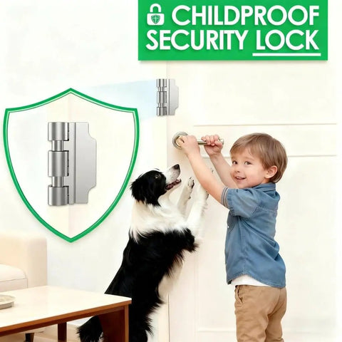 Heavy Duty Home Security Door Lock With Non Spring Flip Design For Easy Access Beefed Up Kick Proof Construction And Withstands 1200 Lbs Of Force Childproof Door Reinforcement For Inward Swinging Doors Silver 1 Pack with child and dog near a door.