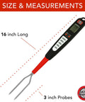 Digital Meat Thermometer Fork For Grilling And BBQ With Fast Read Probes displaying 16 inch length and 3 inch probe size.