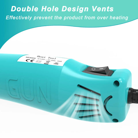 Close-up of Mini 300W Heat Gun For Shrink Tubing And DIY Crafts With Reflector Nozzle showing double hole vents design.