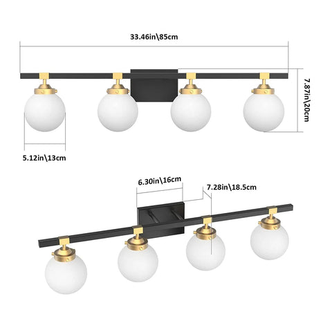 Four Light Mid Century Modern Bathroom Vanity Light Fixtures Over Mirror In Black And Gold With Milk White Glass Globes Wall Mount Vanity Lighting For A Warm Luxe Bath Updated Look, shown with dimensions