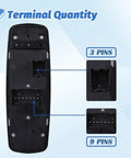 Back view of power window switch with door lock for Dodge Ram 1500 2500 3500 showing 3 and 9 pin layout for 2009-2012 models
