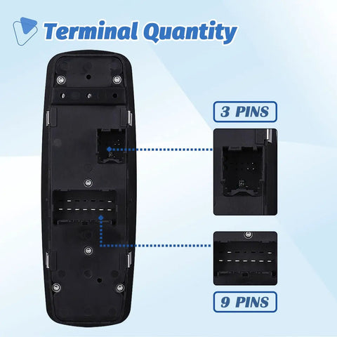 Back view of power window switch with door lock for Dodge Ram 1500 2500 3500 showing 3 and 9 pin layout for 2009-2012 models