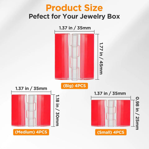 No Drill Needed Easy Peel And Stick Setup Smooth Swinging Clear Acrylic Hinges For Cabinet Repairs And Craft Projects Solid Grip All Day Long Real Good Deal showing product sizes for different dimensions.