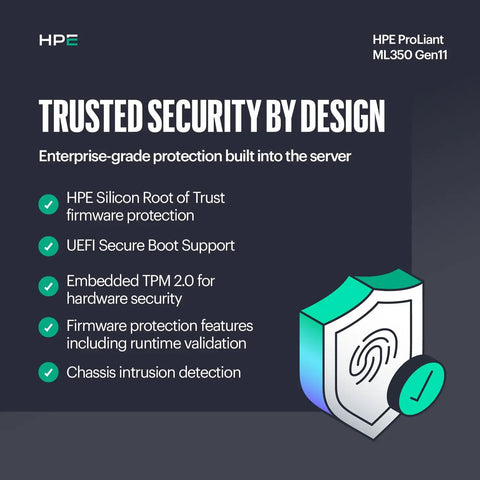 HPE ProLiant ML350 Gen11 image showcasing trusted security features, including firmware and hardware protection.
