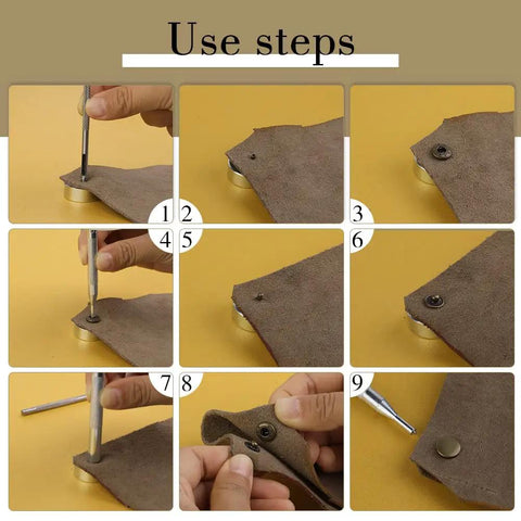 Steps of installing snaps from Leather Snap Fasteners Kit With 50 Sets 10mm Bronze Metal Snaps And 4 Installation Tools For Sewing