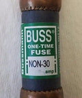 Close-up of a Bussmann NON-30 one-time 30 amp 250V fast acting cartridge fuse from the Non30 10 Pack fuse set.