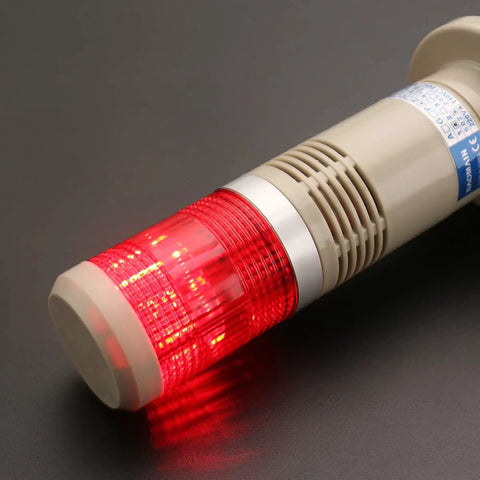 12V DC Industrial Heavy Duty Signal Tower Light With Buzzer For Machinery And Factory Use Red LED Warning Beacon High Visibility.