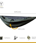 Kompound Camping Hammock With Net And Warm Internal Cover, OD Green, 8.5ft by 4.2ft, shown with accessories and dimensions.