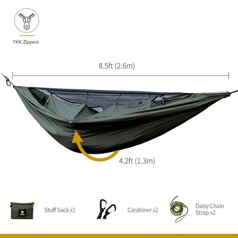 Kompound Camping Hammock With Net And Warm Internal Cover, OD Green, 8.5ft by 4.2ft, shown with accessories and dimensions.