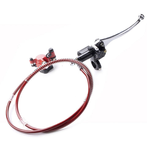 Mini bike hydraulic disc brake lever and red braided hose with red caliper assembly