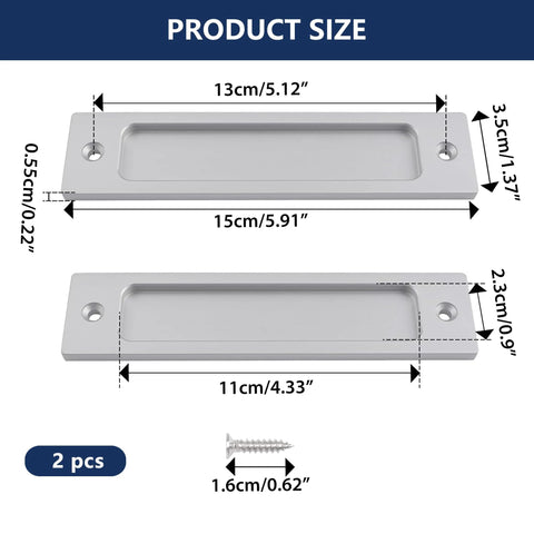 Diagram showing dimensions of the 5.9 Inch Rectangular Flush Sliding Door Pulls Set Of 2 In Brushed Silver Durable Aluminum Alloy Recessed Handles with included screws.