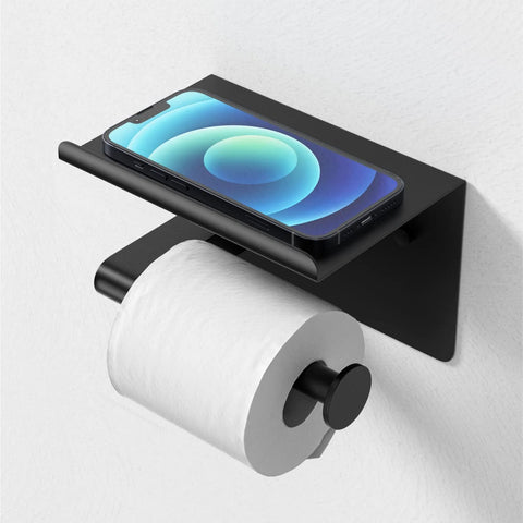 Matte Black Toilet Paper Holder With Shelf Fits Mega Rolls Self Adhesive Wall Mount Rustproof Stainless Steel With Phone