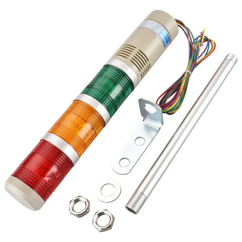 Industrial Signal Light Tower Stack Light LTA 502TJ 24VDC Continuous Light With Built In Buzzer shown with mounting accessories