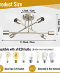 Dope Modern Sputnik Chandelier Ceiling Light Fixture With Six Lights, shown with dimensions and E26 bulb compatibility