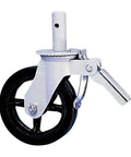 Heavy Duty Double Brake Scaffold Caster Featuring Eight Inch Smooth Roll Wheel Step On Lock System Zinc Plated Steel Stem showing black wheel and locking mechanism.