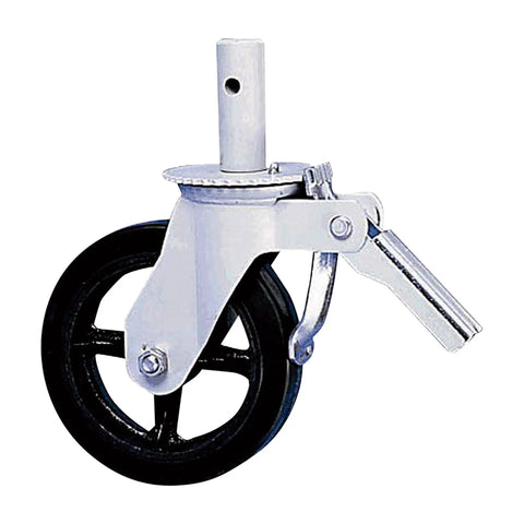 Heavy Duty Double Brake Scaffold Caster Featuring Eight Inch Smooth Roll Wheel Step On Lock System Zinc Plated Steel Stem showing black wheel and locking mechanism.