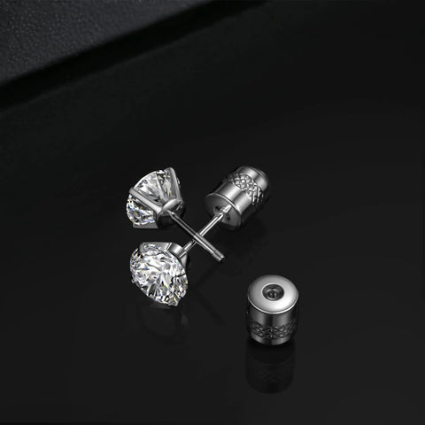 Fresh Hypoallergenic Titanium Stud Earrings With Secure Screwback Cap For Sensitive Ears Silver Tone Cubic Zirconia Stone resting on black surface.