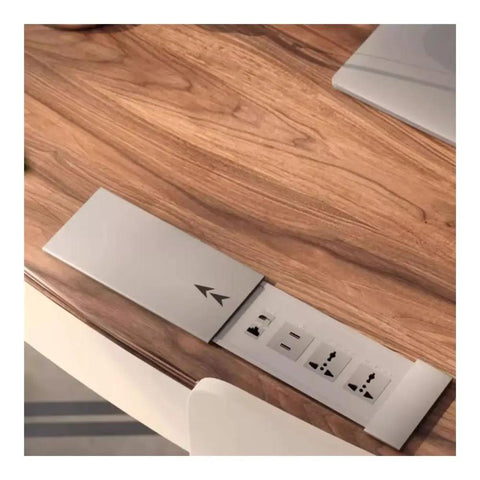 Top Shelf Ergonomic Standing Desk With Integrated Monitor Riser, ash wood top with built-in charging outlet