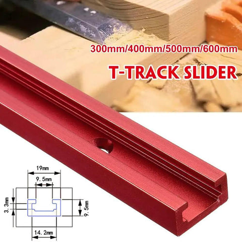 Red aluminum Heavy Duty T Track Miter Jig Fixture Pro Grade for woodworking, 600mm T-slot rail detail and dimensions.