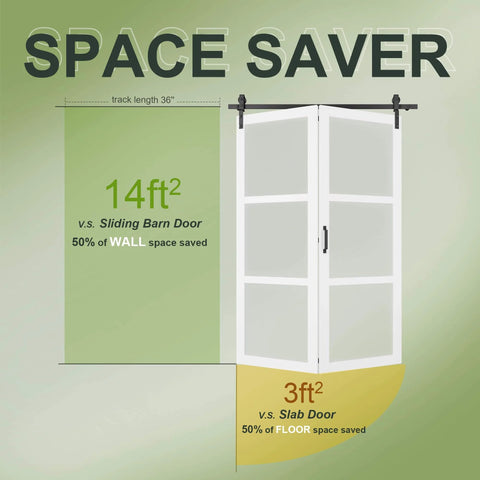 64 Inch Bifold Barn Door Hardware Kit For Closet Doors For Tight Spaces Bi Folding Track System diagram showing space saving.