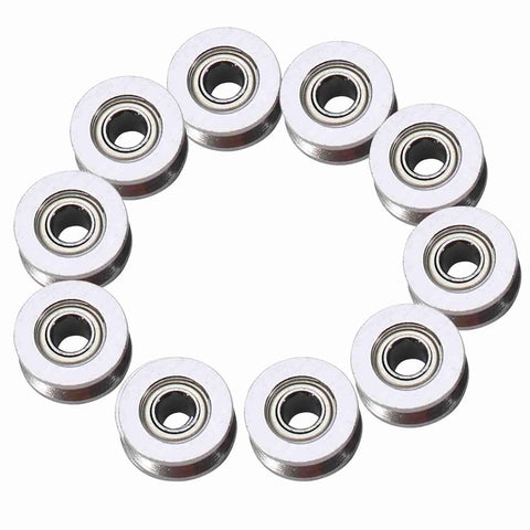 Ten pack of Double Sealed Carbon Steel V Groove Bearing And Pulley Wheel 4X13X6MM arranged in a circular formation.