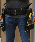 Person wearing Tradesman Pro Modular Trimming Pouch With Belt Clip For Click Lock System, tools held upright in pockets