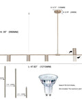 Diagram of Sleek Modern 4 Light Linear Pendant Chandelier For Dining Room Kitchen Island And Living Room With GU10 Bulbs Dimmable 110V Nickel Finish 47.8 Inch Long Ceiling Light Fixture dimensions and details