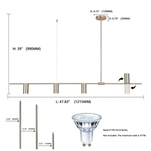 Diagram of Sleek Modern 4 Light Linear Pendant Chandelier For Dining Room Kitchen Island And Living Room With GU10 Bulbs Dimmable 110V Nickel Finish 47.8 Inch Long Ceiling Light Fixture dimensions and details