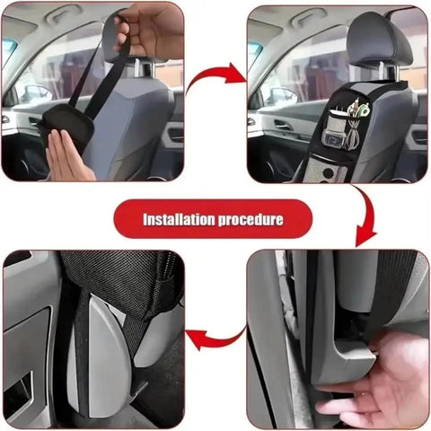Installation procedure for Game Changer Car Seat Side Organizer For Tesla Cybertruck with dual mesh slots and zipper pocket.
