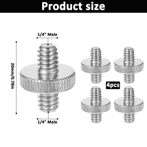 Heavy Duty Dual End Camera Tripod Screw 1/4 20 Male To Male 4 Pack, steel mount, 0.78in long, detailed view with sizing.