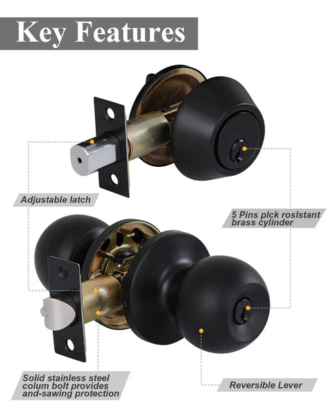All Keyed Alike Exterior Door Knob And Single Cylinder Deadbolt Set With Matching Keys Matte Black Round Ball Lockset For Front Doors Easy To Install Includes 12 Keys Across 4 Sets