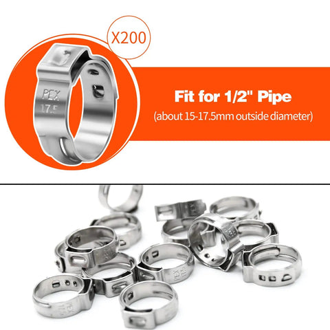 200 Pack One Half Inch PEX Cinch Clamps, Stainless Steel Single Ear Hose Clamps For PEX Pipe, 360 Degree Seal