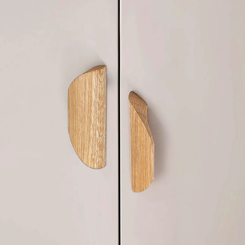 Oak Wood Oblique Angle 4.41 Inch Windbreaker Cabinet Door Handle In Antique Long Walnut Finish installed on cabinet doors