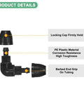 Diagram showing components of Drip Irrigation Barbed Locking Fittings 10 Pack, 3/8 Inch Elbow Tubing Connectors, with labels.