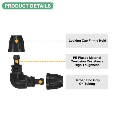 Diagram showing components of Drip Irrigation Barbed Locking Fittings 10 Pack, 3/8 Inch Elbow Tubing Connectors, with labels.