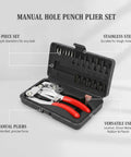Heavy Duty 16 Piece Manual Hole Punch Plier Set for leather, sheet metal, rubber, plastic, in a black case with red handles