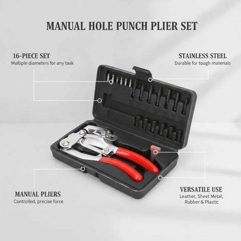 Heavy Duty 16 Piece Manual Hole Punch Plier Set for leather, sheet metal, rubber, plastic, in a black case with red handles