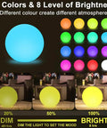 Cordless 16 Inch LED Glowing Ball Light With Remote RGB Color Changing Waterproof Glow Ball display showing color options and brightness