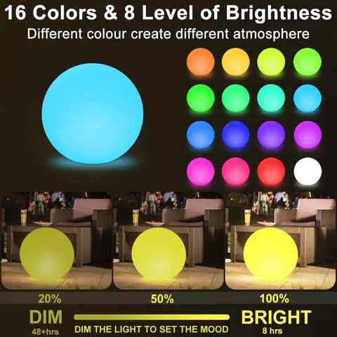 Cordless 16 Inch LED Glowing Ball Light With Remote RGB Color Changing Waterproof Glow Ball display showing color options and brightness