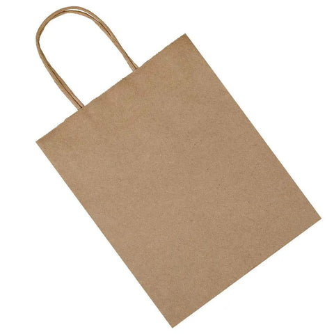 Bulk 100 Pack 8x4.75x10 Inch Kraft Paper Bags With Handles Natural Brown Gift Bags shown from top view