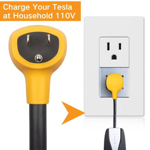 Drop The Standard 120 V Wall Adapter Right Into Your Tesla Gen Two Three Mobile Connector For Easy Home Charging On Model Three Y S X Road Trips With Zero Fuss Today - Yellow Nema 5 15 Plug with Household Outlet.