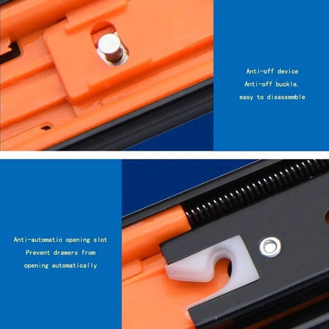 Two Piece Drawer Slides With Full Extension And Smooth Metal Ball Bearing Runners showing anti-off device and opening slot