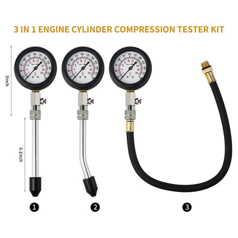 3-in-1 engine cylinder compression tester kit with three 5-inch dial gauges and a black rubber hose