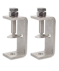 Two 65mm stainless steel C clamps shown from the front with base mounting holes