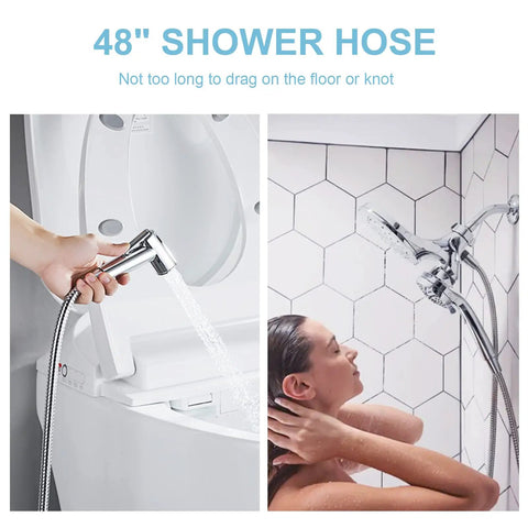 Heavy Duty 48 Inch Stainless Steel Shower Hose For Bidet Sprayer with Chrome Finish in modern bathroom setting.