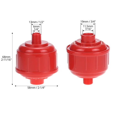 10 Pack Disposable Mini Air Water Trap Filters With 1/4 Inch Threads For Spray Guns showing dimensions and red casings